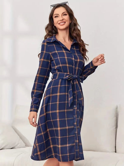 Cupid's Plaid Tie Waist Long Sleeve Dress