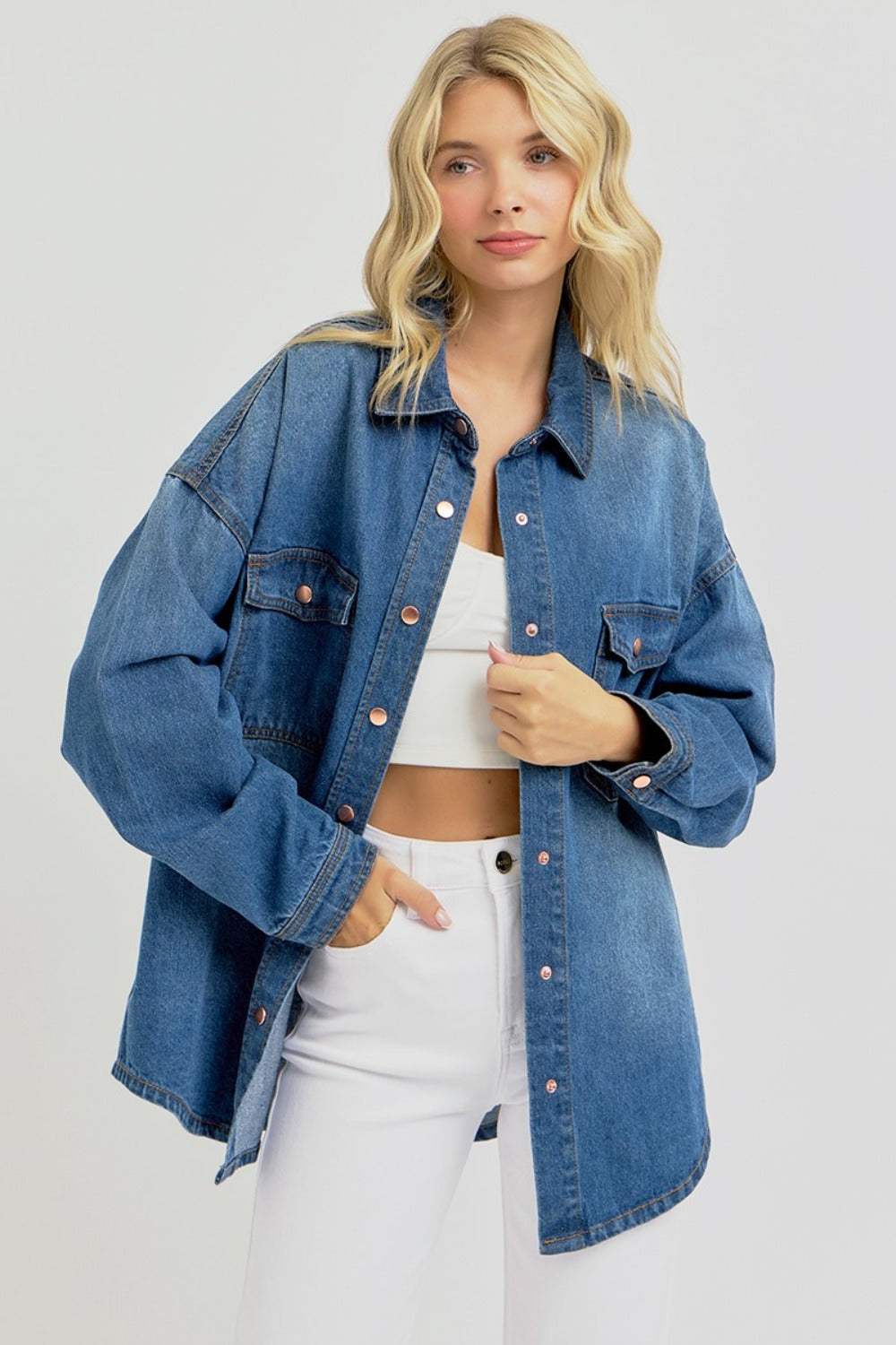 Cupid's Snap-Down Long Sleeve Denim Shacket