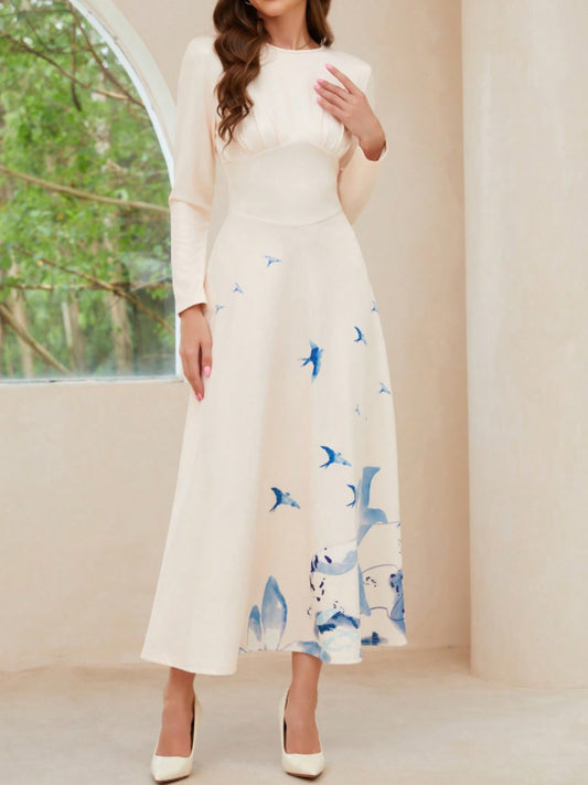 Cupid's Printed Round Neck Long Sleeve Midi Dress