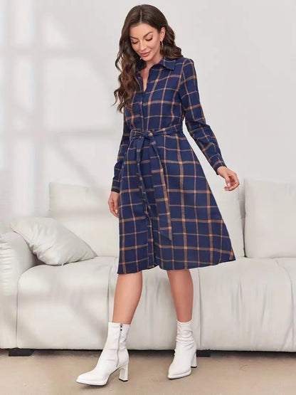 Cupid's Plaid Tie Waist Long Sleeve Dress