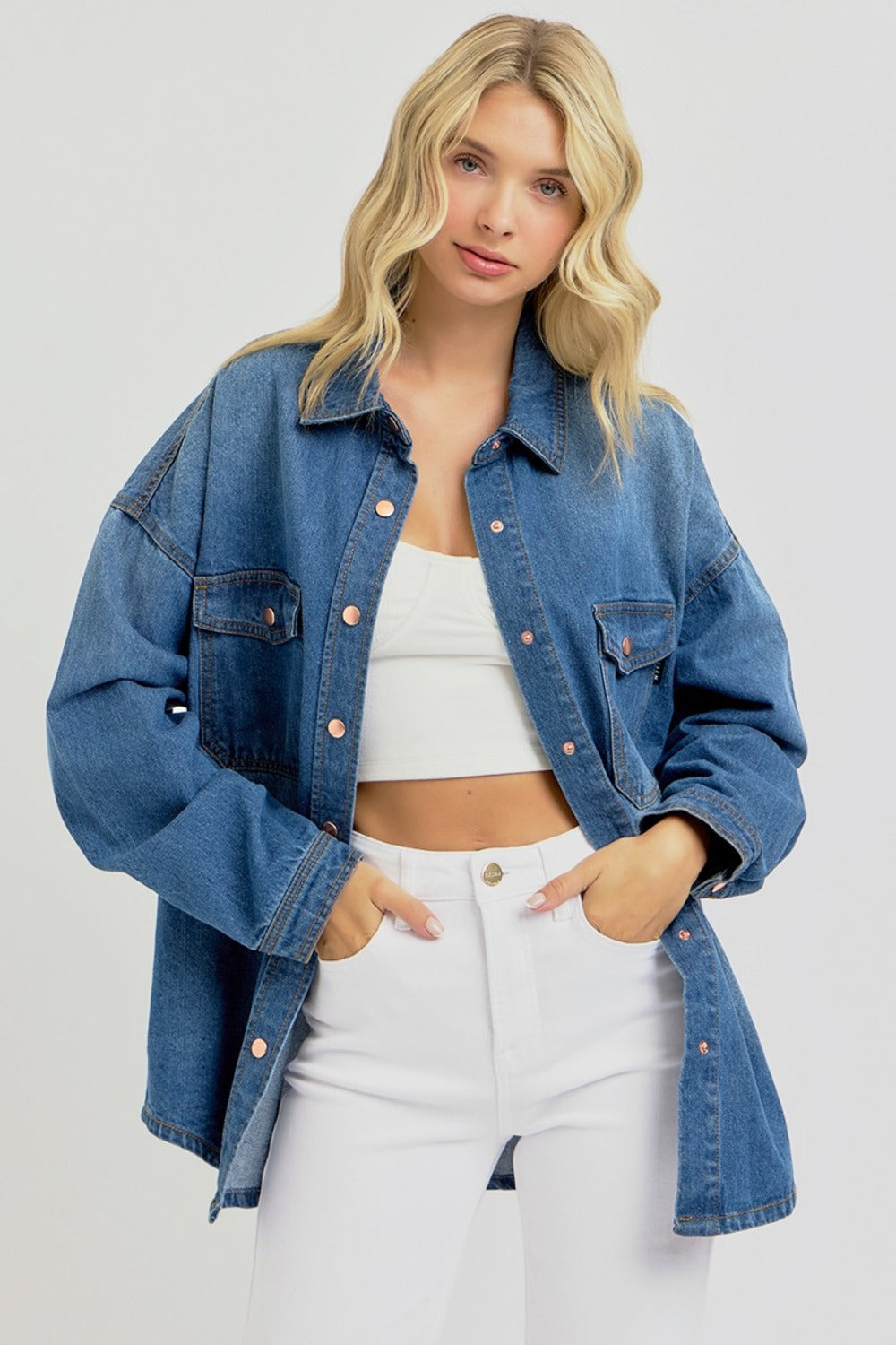 Cupid's Snap-Down Long Sleeve Denim Shacket