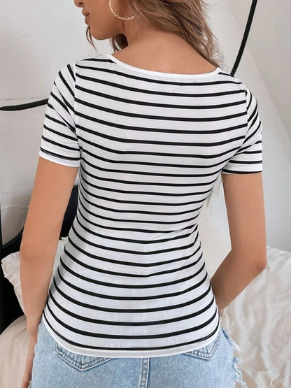 Cupid's Striped V-Neck Short Sleeve T-Shirt