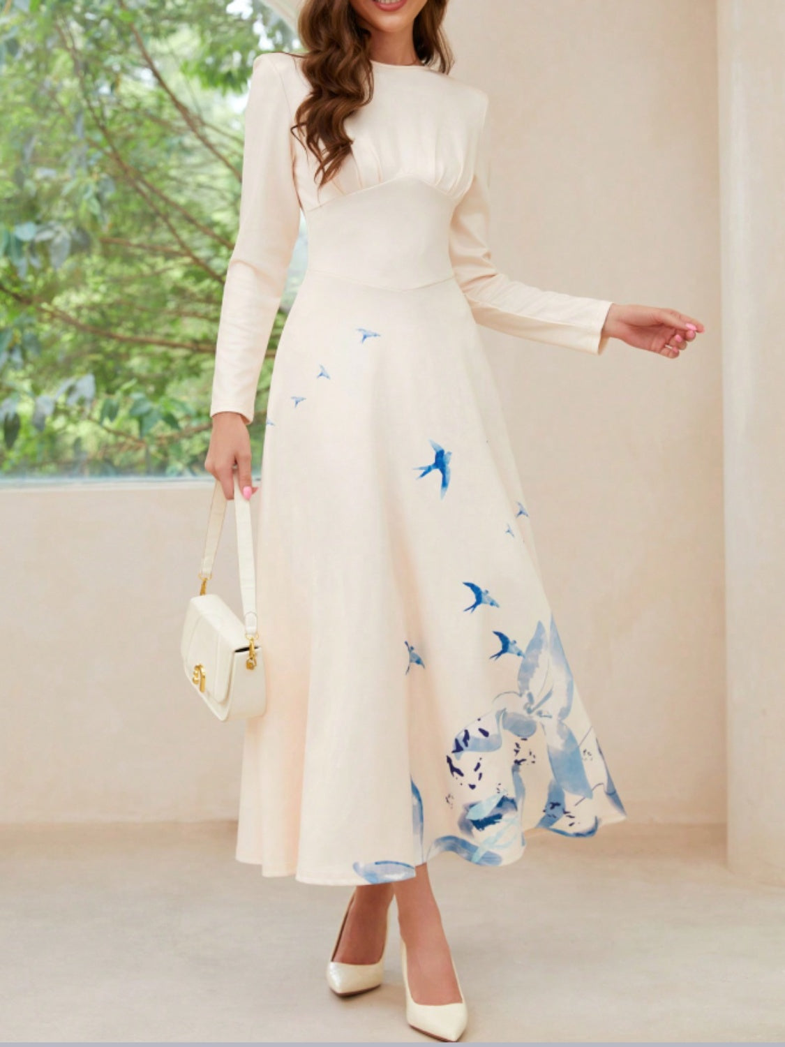 Cupid's Printed Round Neck Long Sleeve Midi Dress