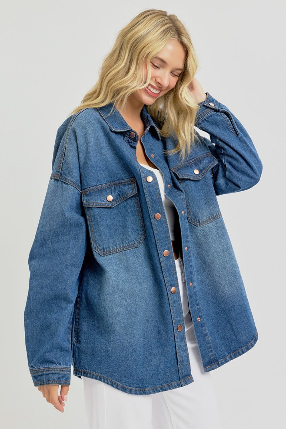 Cupid's Snap-Down Long Sleeve Denim Shacket