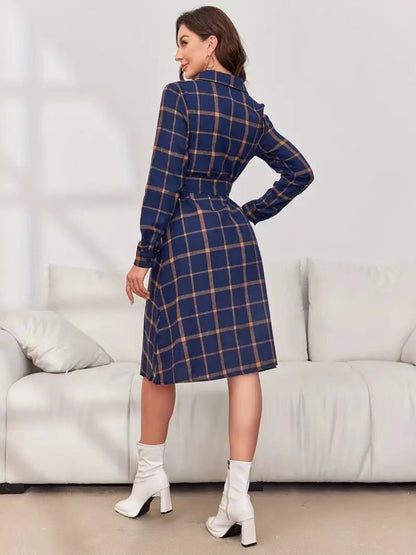 Cupid's Plaid Tie Waist Long Sleeve Dress