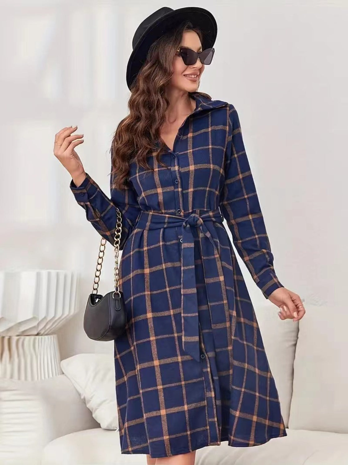 Cupid's Plaid Tie Waist Long Sleeve Dress