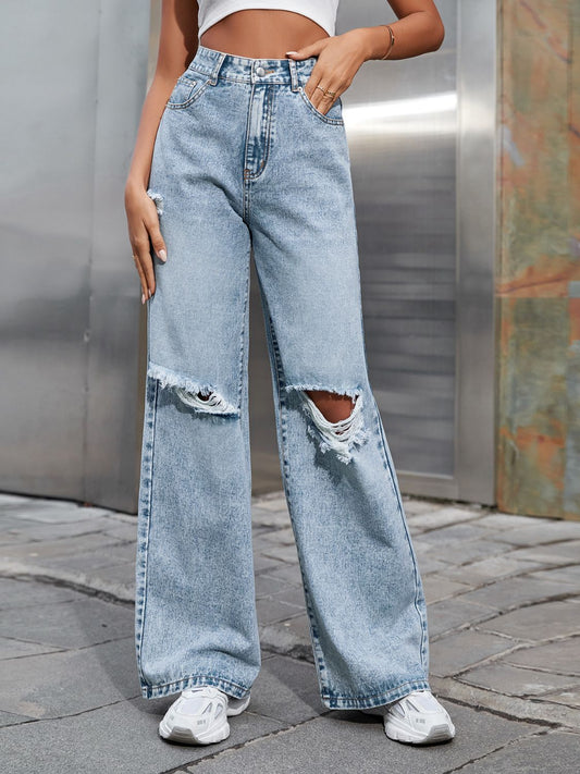 Cupid's Distressed Wide Leg Jeans with Pockets