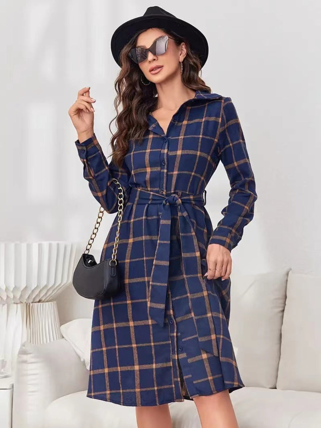 Cupid's Plaid Tie Waist Long Sleeve Dress