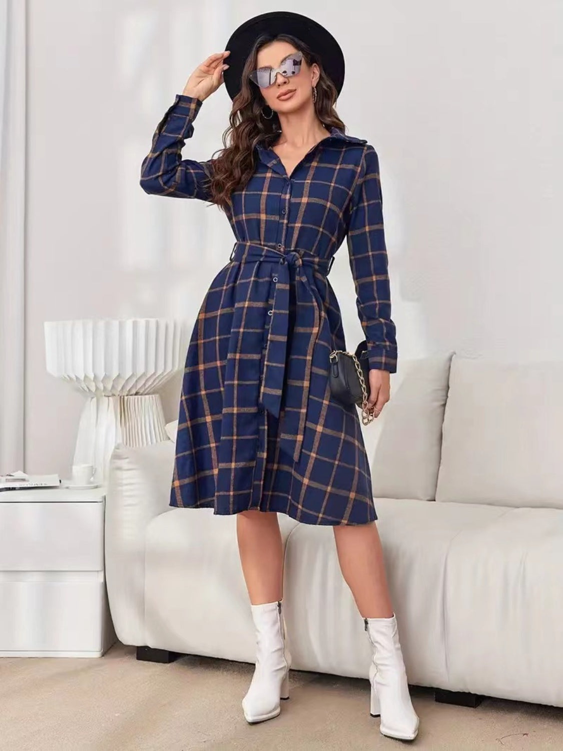 Cupid's Plaid Tie Waist Long Sleeve Dress