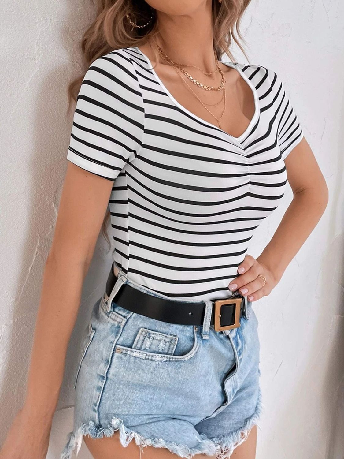 Cupid's Striped V-Neck Short Sleeve T-Shirt